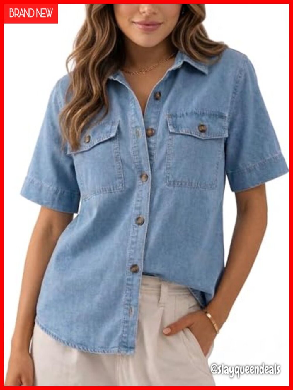 Women's Short Sleeve Denim Button Down Shirt with Pockets